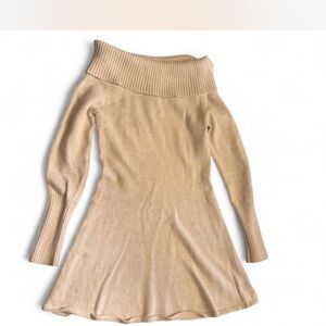 Aritzia Tan Off-Shoulder Ribbed Peplum Mini Dress